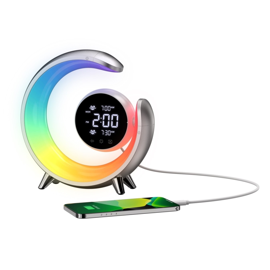 LED RGBW Lámpara de mesa regulable con despertador LED/20W/5V USB plata