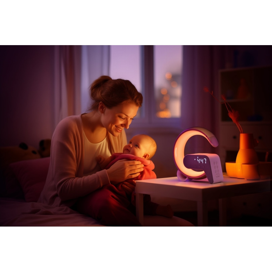 Immax 08986L - Lámpara LED RGB regulable con despertador y carga Qi 30W/230V dorado