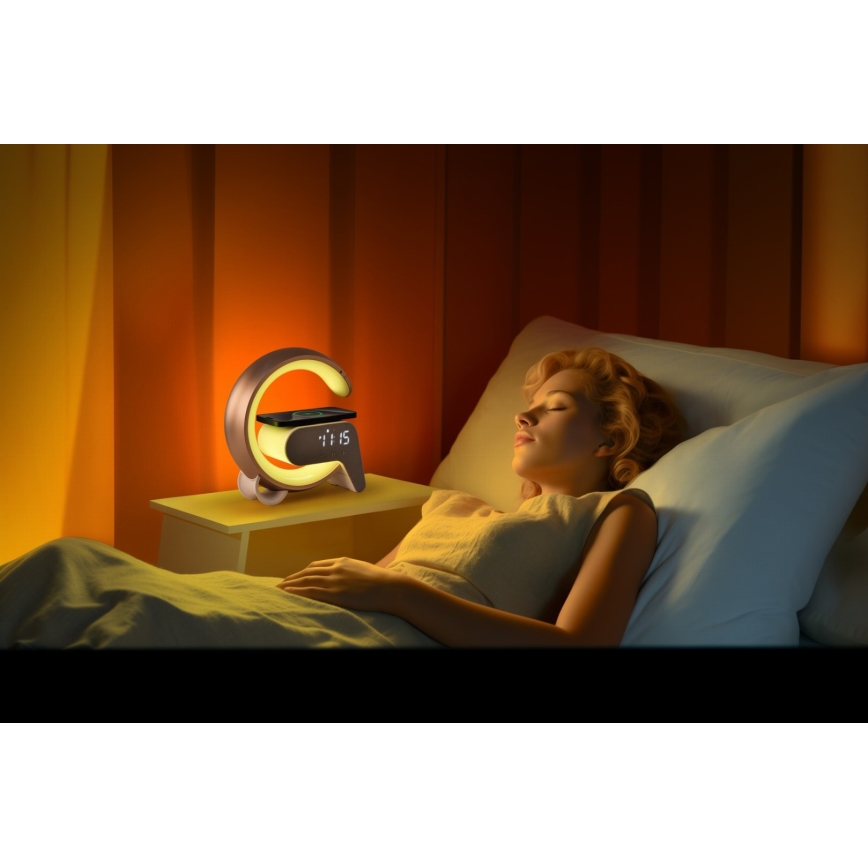 Immax 08986L - Lámpara LED RGB regulable con despertador y carga Qi 30W/230V dorado