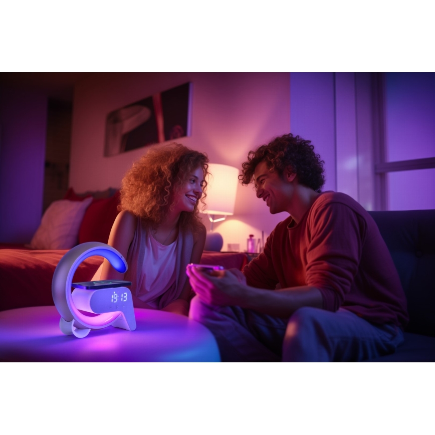 Immax 08986L - Lámpara LED RGB regulable con despertador y carga Qi 30W/230V dorado
