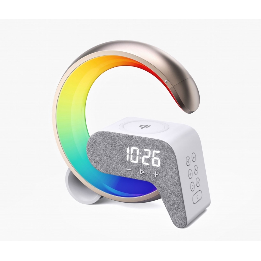Immax 08986L - Lámpara LED RGB regulable con despertador y carga Qi 30W/230V dorado