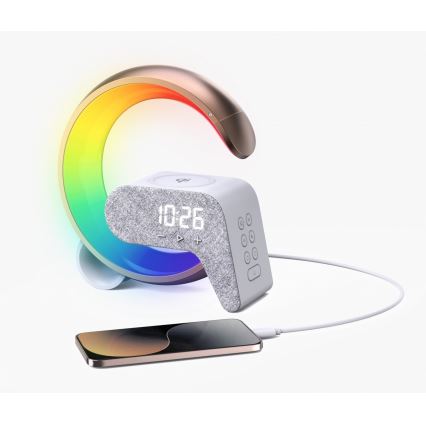 Immax 08986L - Lámpara LED RGB regulable con despertador y carga Qi 30W/230V dorado