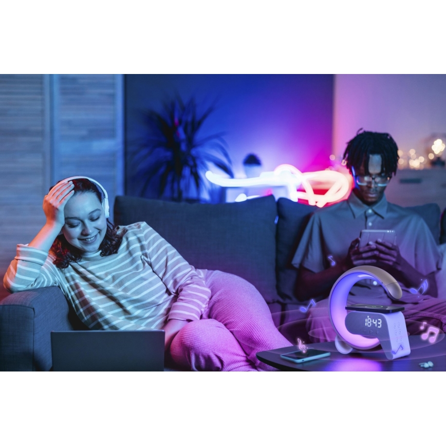 LED RGB Lámpara de mesa con dimmer con despertador y Qi cargando 30W/230V plata