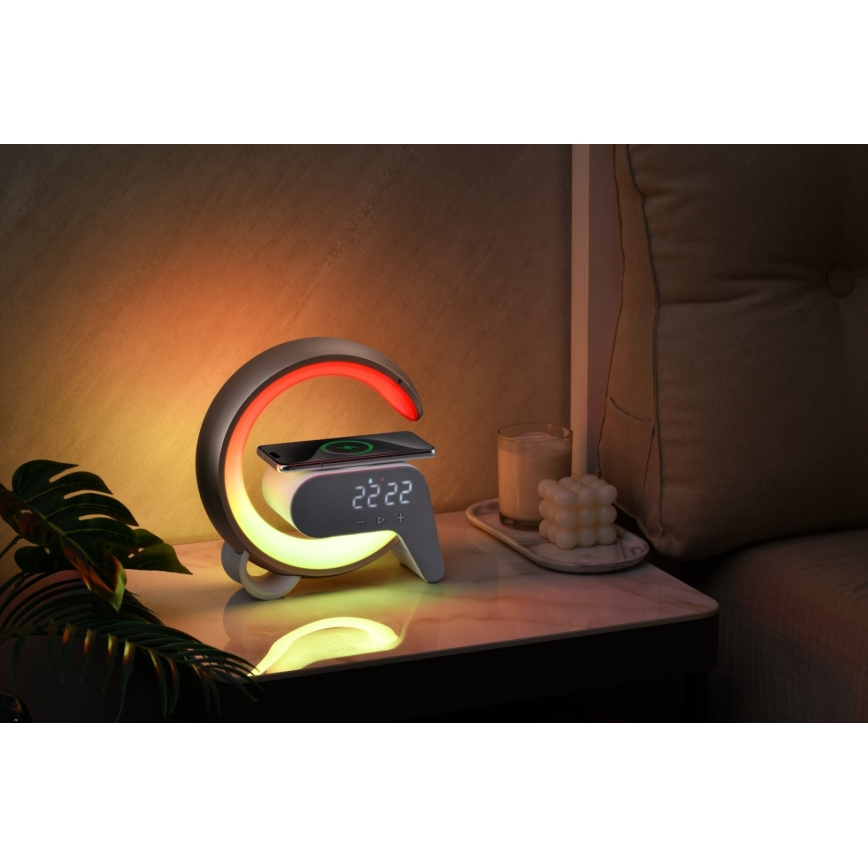 LED RGB Lámpara de mesa con dimmer con despertador y Qi cargando 30W/230V plata