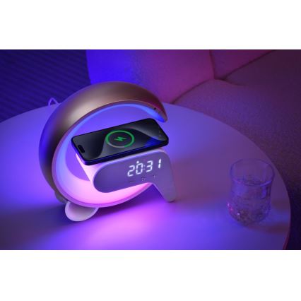 LED RGB Lámpara de mesa con dimmer con despertador y Qi cargando 30W/230V plata