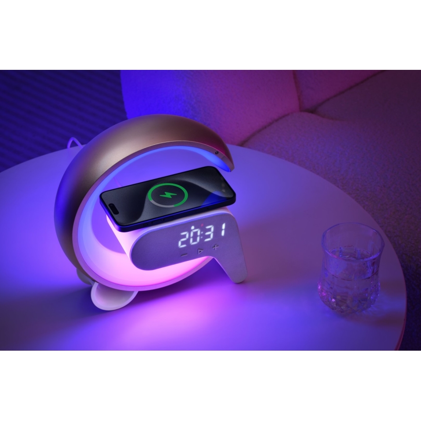 LED RGB Lámpara de mesa con dimmer con despertador y Qi cargando 30W/230V plata