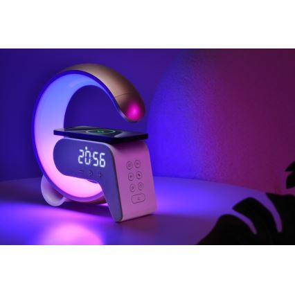 LED RGB Lámpara de mesa con dimmer con despertador y Qi cargando 30W/230V plata