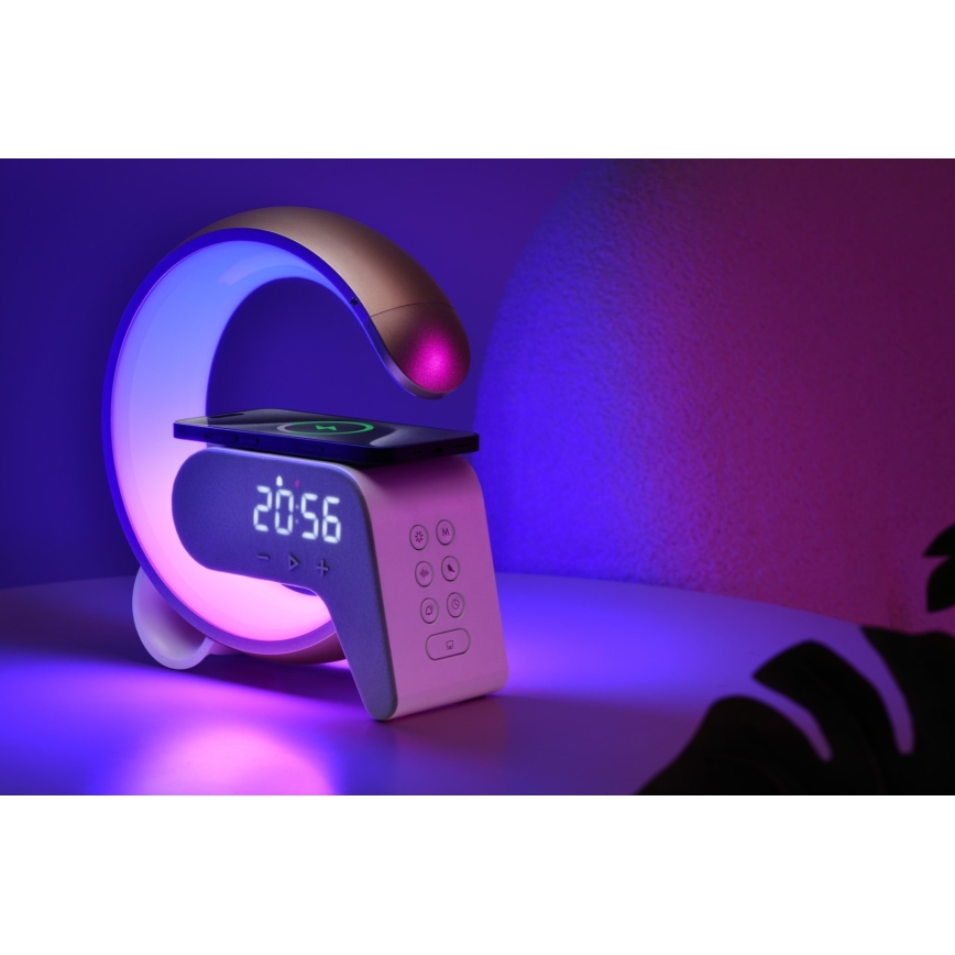 LED RGB Lámpara de mesa con dimmer con despertador y Qi cargando 30W/230V plata