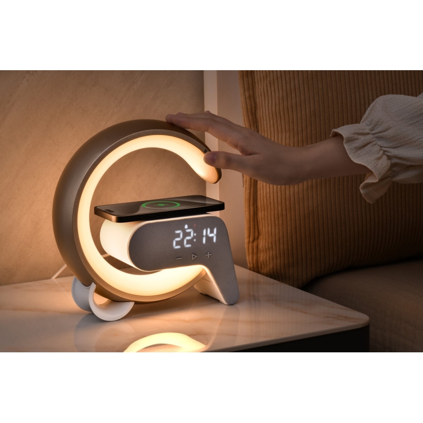 LED RGB Lámpara de mesa con dimmer con despertador y Qi cargando 30W/230V plata