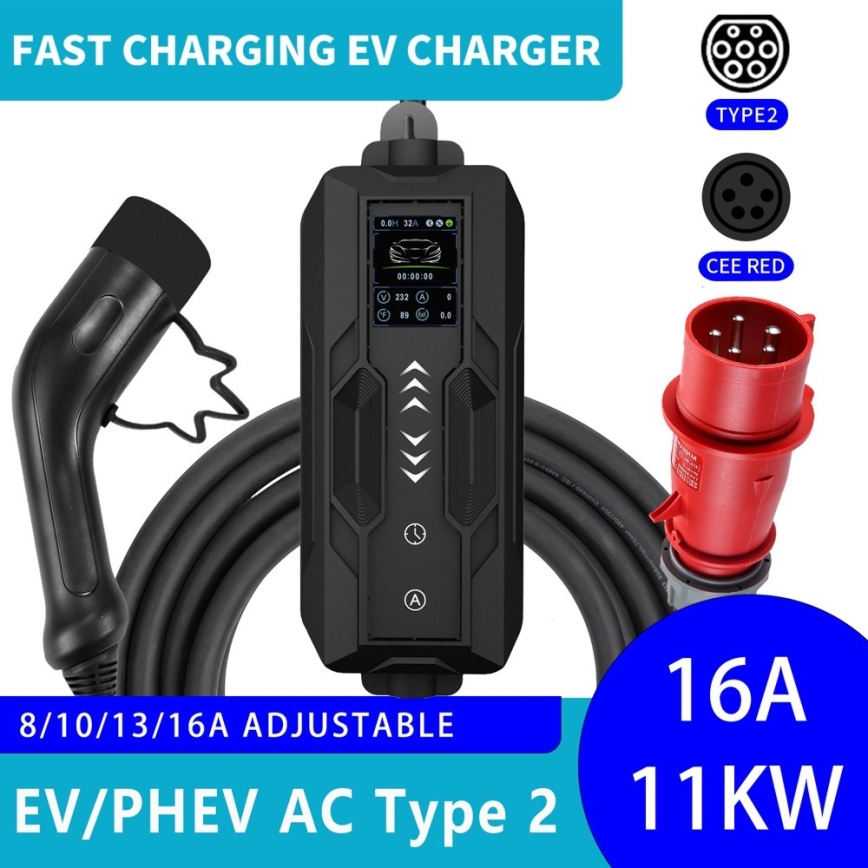 Immax - Estación de carga para coches eléctricos AC Type 2 16A/380V 11kW + enchufe 230V, 3,7kW 5m + estuche