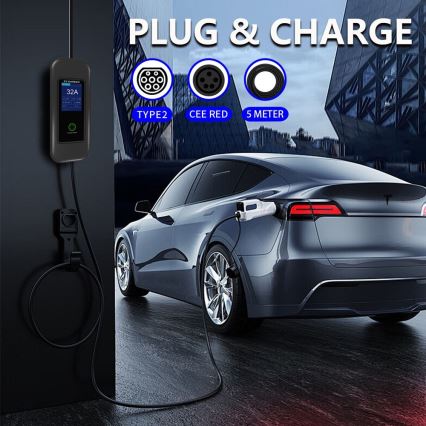 Immax - Estación de carga para coches eléctricos AC Type 2 32A/380V 22kW + enchufe 230V 5m Wi-Fi Tuya