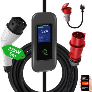 Immax - Estación de carga para coches eléctricos AC Type 2 32A/380V 22kW + enchufe 230V 5m Wi-Fi Tuya