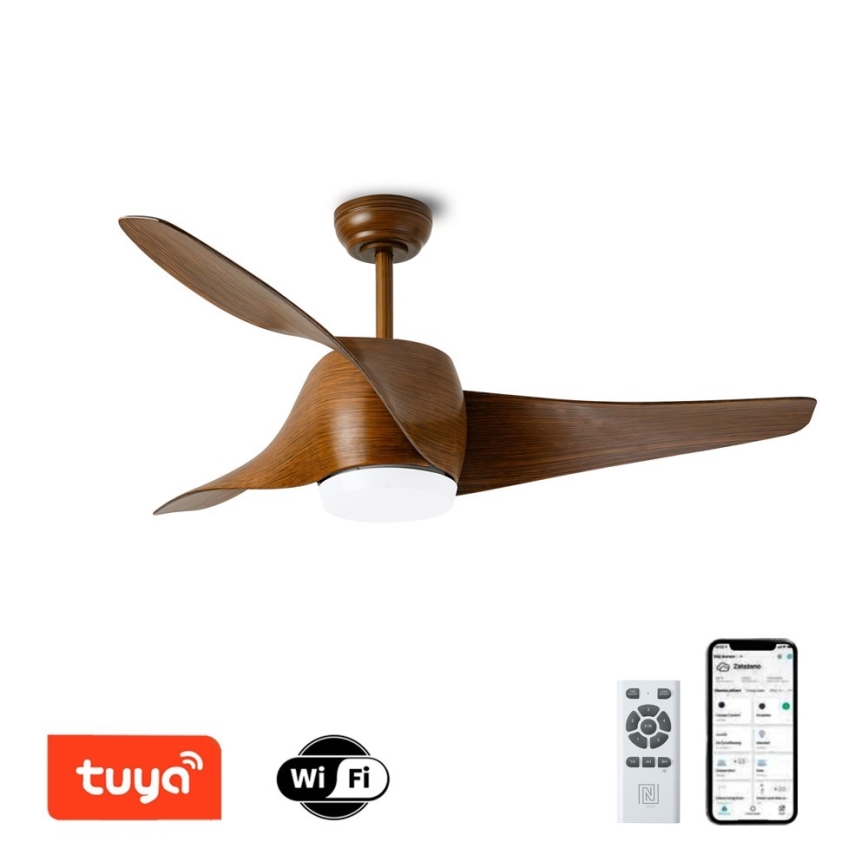 Immax NEO 07286L - Ventilador de techo LED regulable WAVE LED/18W/230V Wi-Fi Tuya marrón + control remoto