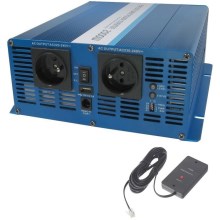 Inversor de tensión 2000W/12V/230V + mando a distancia con cable