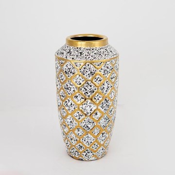 Jarrón de ceramica 25x13 cm blanco/dorado/negro
