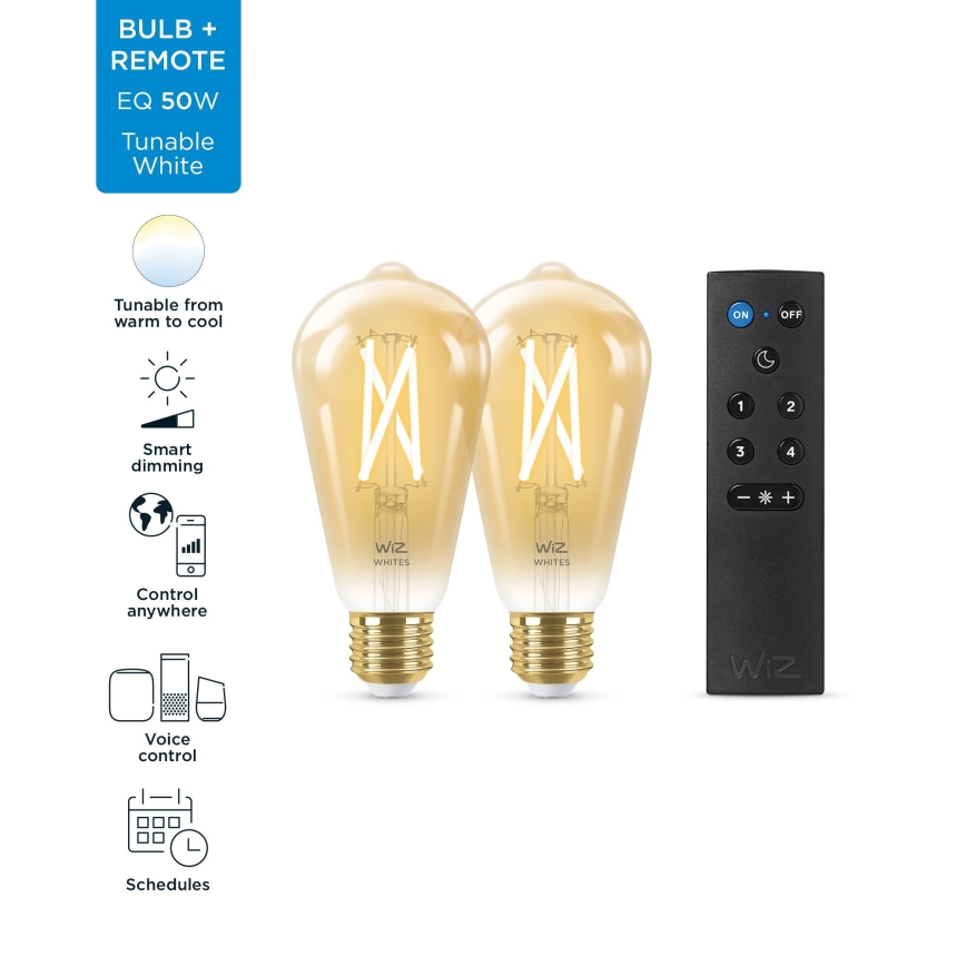 JUEGO 2x Bombilla LED regulable ST64 E27/7W/230V 2000-5000K CRI 90 Wi-Fi + control remoto - WiZ