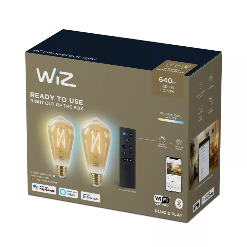 JUEGO 2x Bombilla LED regulable ST64 E27/7W/230V 2000-5000K CRI 90 Wi-Fi + control remoto - WiZ