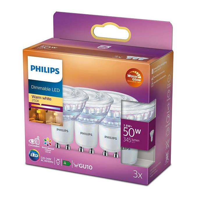 JUEGO 3x Bombilla LED regulable Philips Warm Glow GU10/3,8W/230V 2200-2700K CRI 90