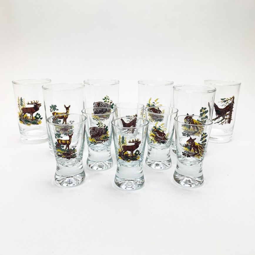 Juego 6x vaso más grande y 6x vaso pequeño para chupitos transparente con motivos de animales
