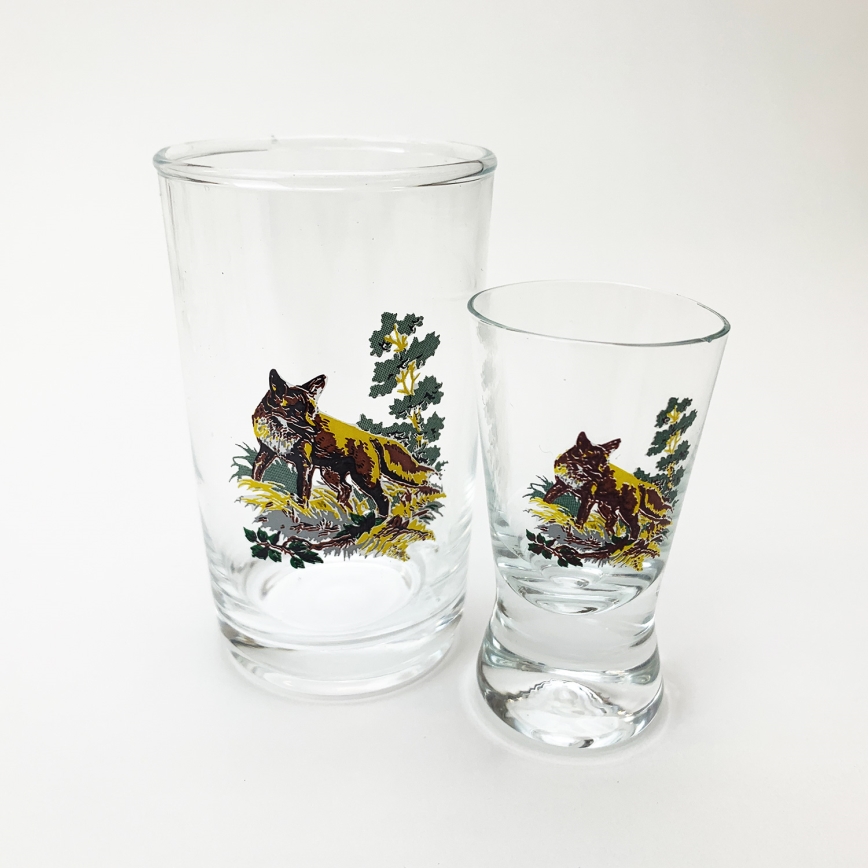 Juego 6x vaso más grande y 6x vaso pequeño para chupitos transparente con motivos de animales
