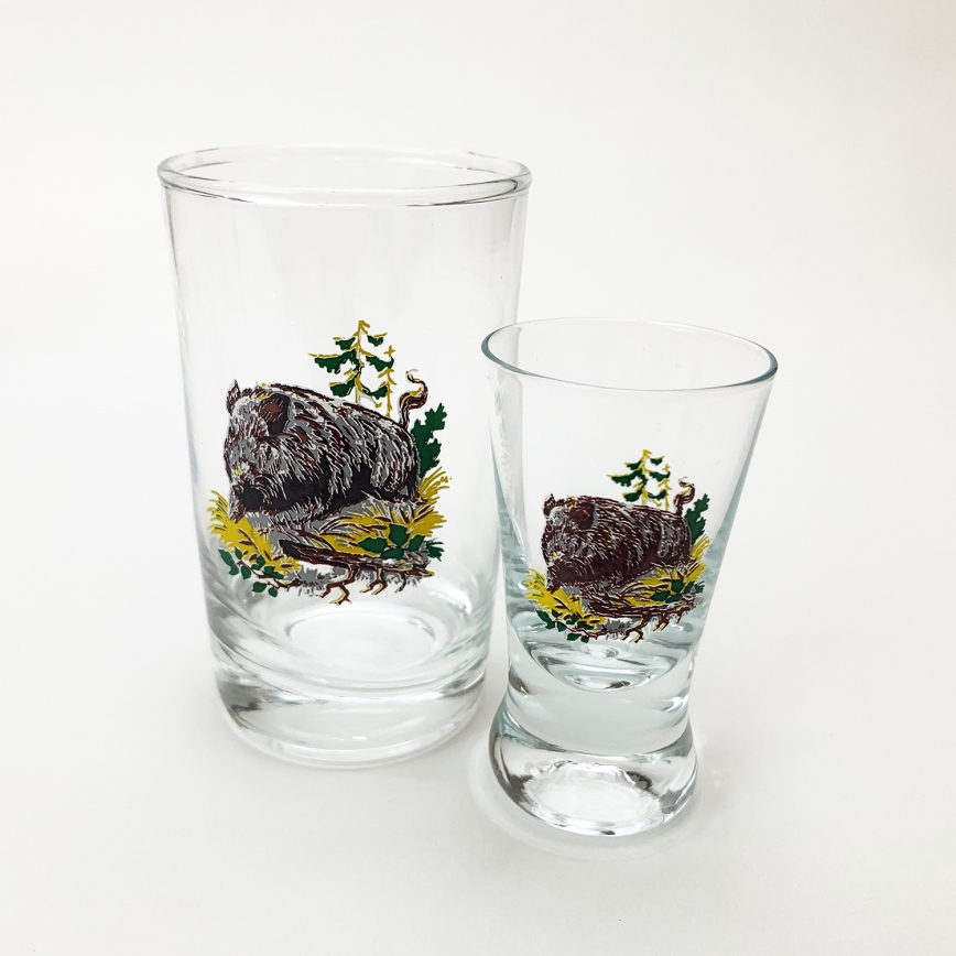 Juego 6x vaso más grande y 6x vaso pequeño para chupitos transparente con motivos de animales