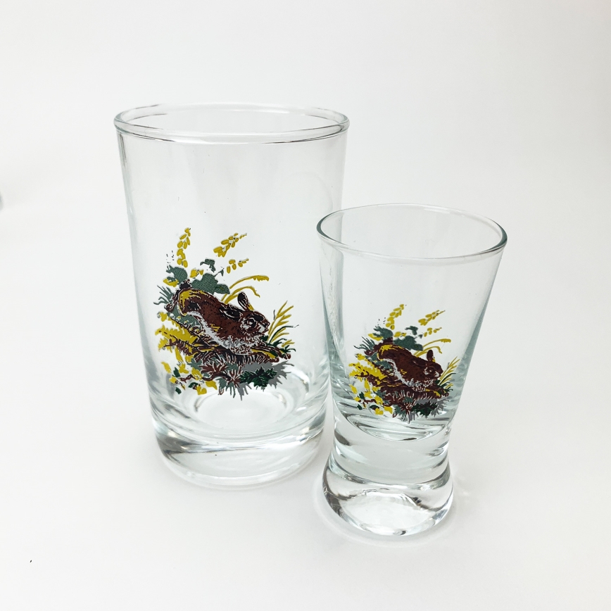 Juego 6x vaso más grande y 6x vaso pequeño para chupitos transparente con motivos de animales
