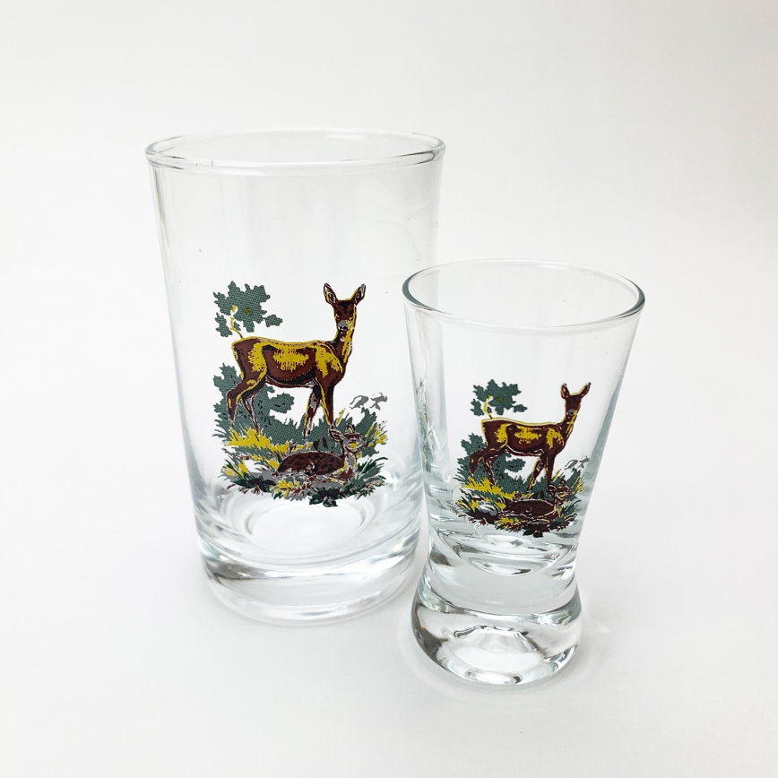 Juego 6x vaso más grande y 6x vaso pequeño para chupitos transparente con motivos de animales