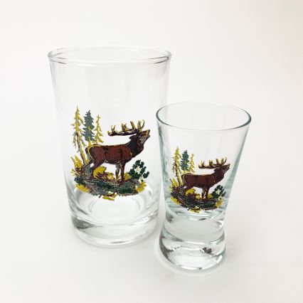 Juego 6x vaso más grande y 6x vaso pequeño para chupitos transparente con motivos de animales