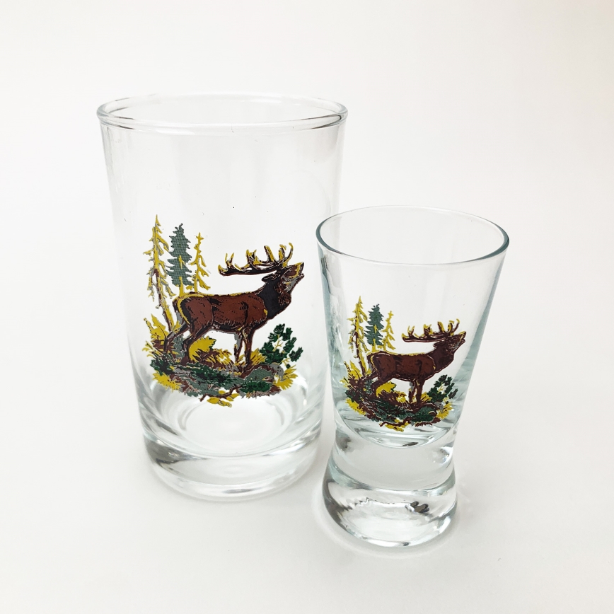 Juego 6x vaso más grande y 6x vaso pequeño para chupitos transparente con motivos de animales