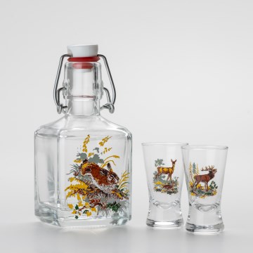 Juego de 1 botella de vidrio y 2 vasos para chupitos transparentes con motivo de animal: liebre