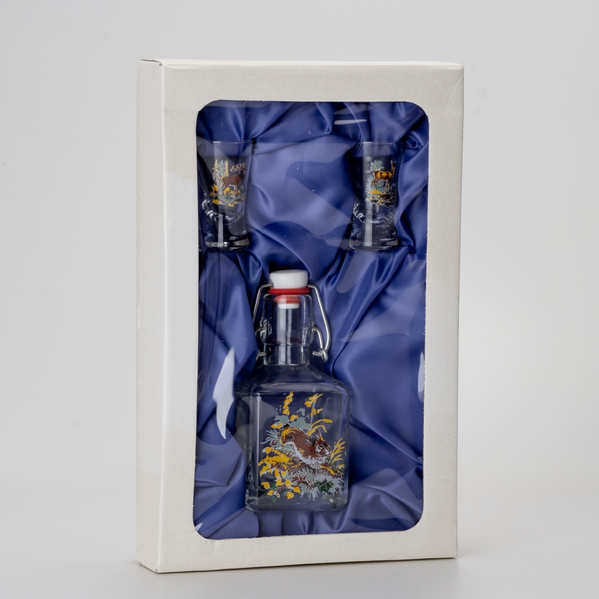 Juego de 1 botella de vidrio y 2 vasos para chupitos transparentes con motivo de animal: liebre