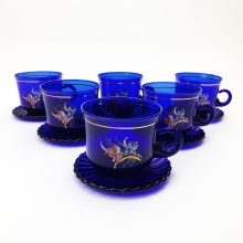 Juego de café azul con motivo de ramo de flores y azul y rojo flor
