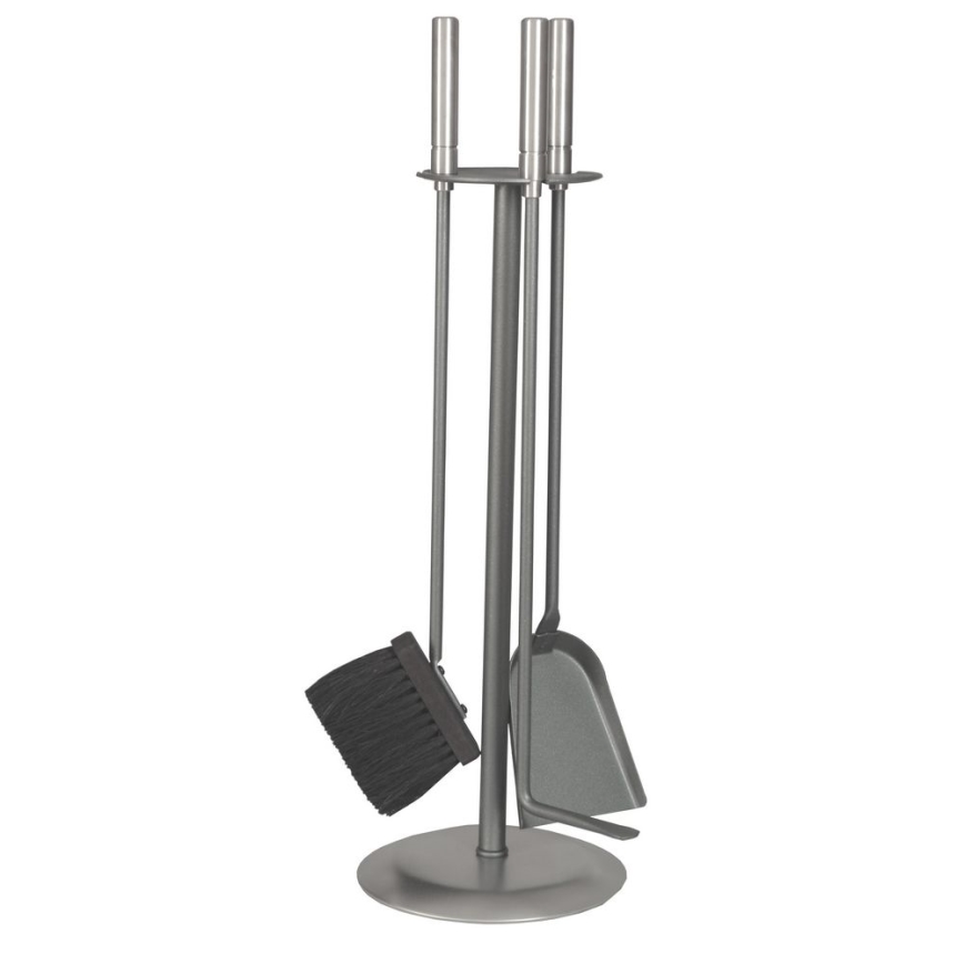 Juego de herramientas para chimenea y cesta para leña con asa 5 pz cromo mate