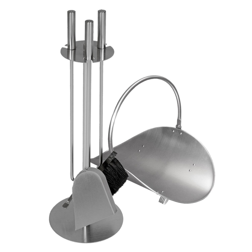 Juego de herramientas para chimenea y cesta para leña con asa 5 pz cromo mate