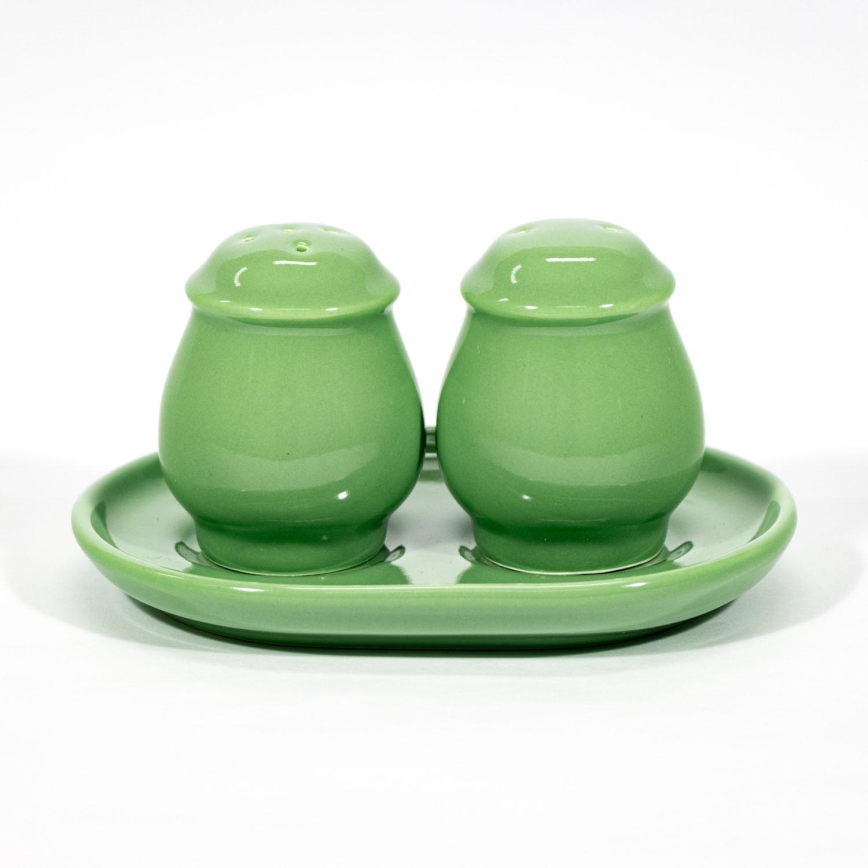 Juego de mesa de cerámica 1x salero, 1x pimentero y 1x posavasos verde