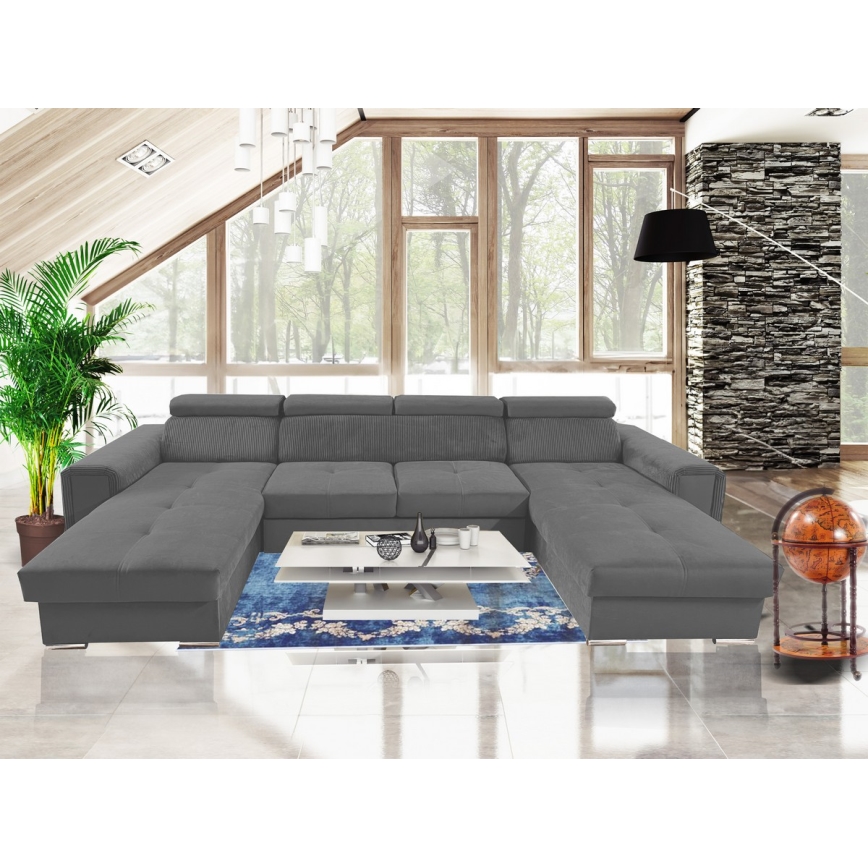 Juego de salón en forma de U plegable con esquina universal con almacenamiento SALVADA gris oscuro