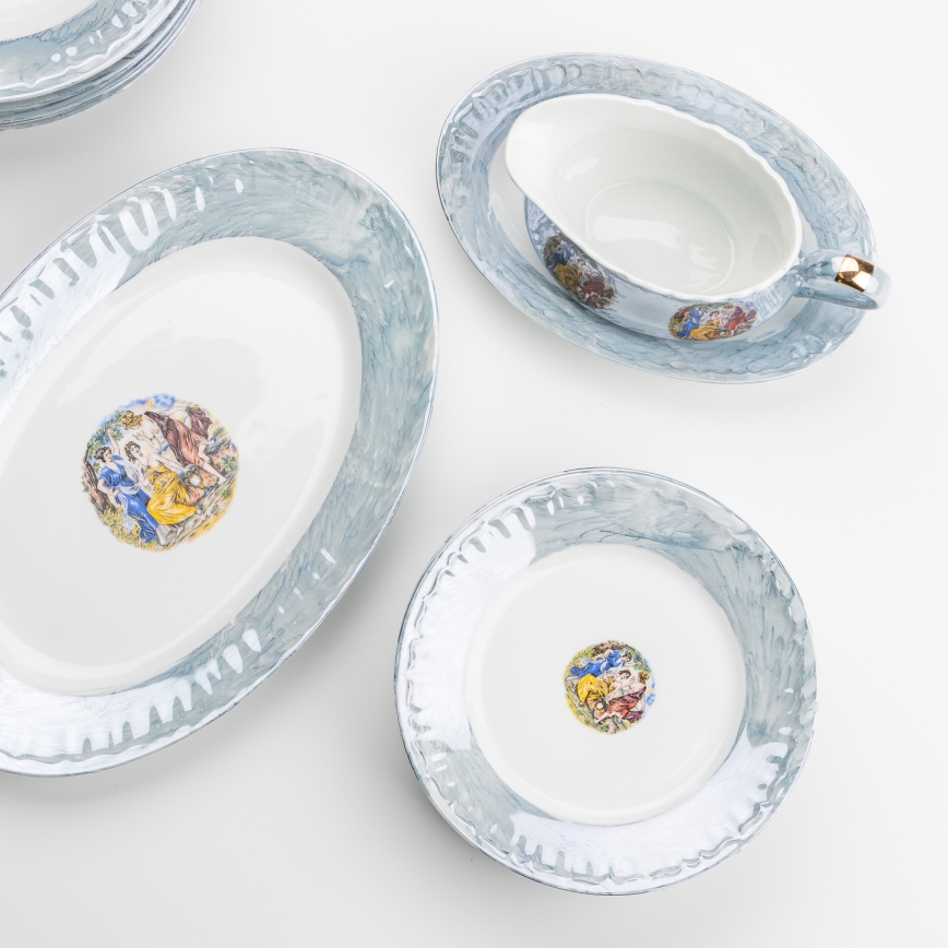 Juego de vajilla de porcelana 26 piezas azul con acabado perlado