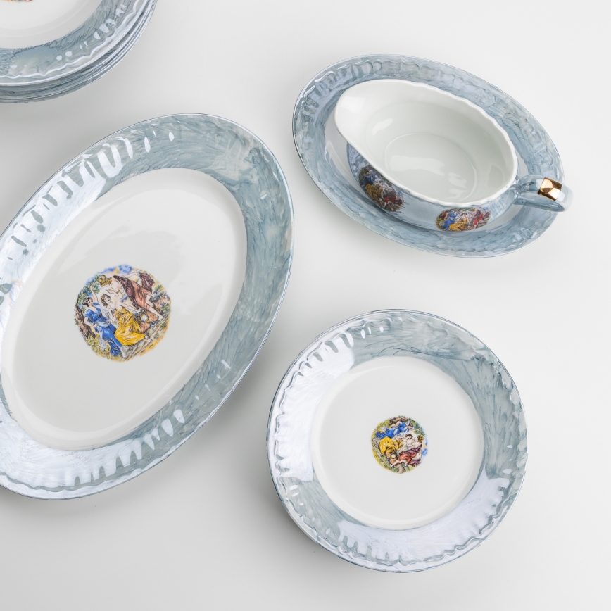 Juego de vajilla de porcelana 26 piezas azul con acabado perlado