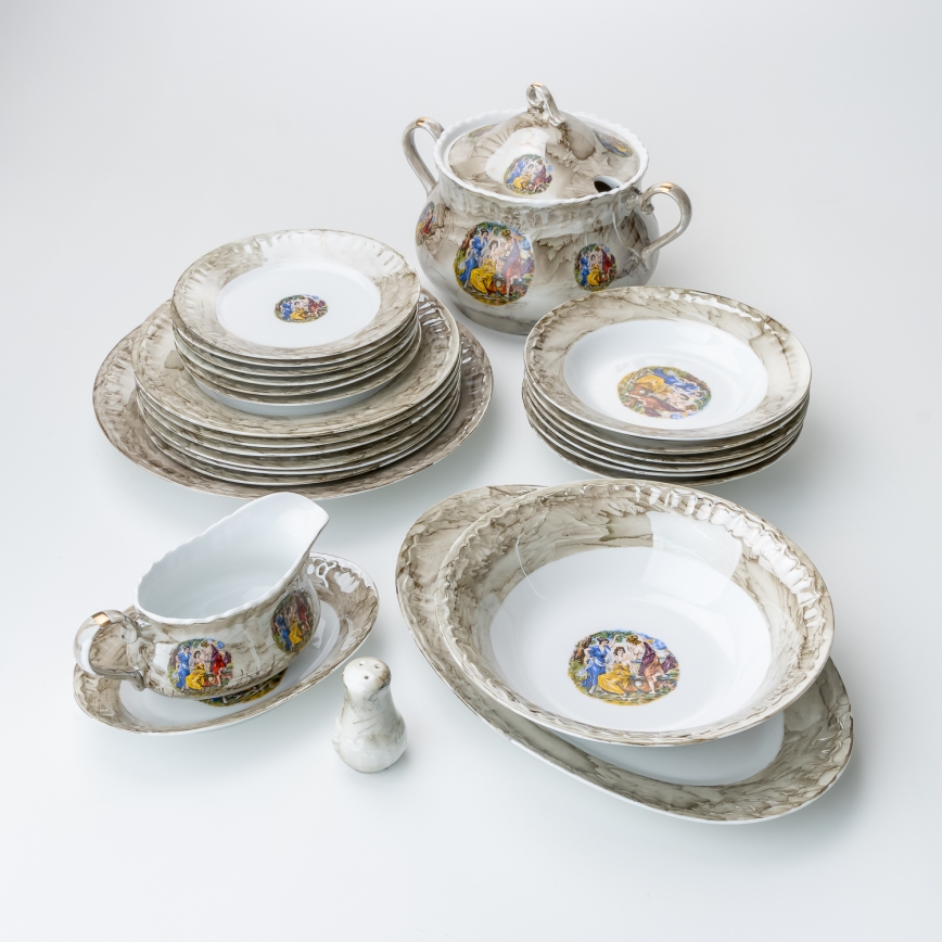 Juego de vajilla de porcelana de 26 piezas beige/blanco con acabado de mármol