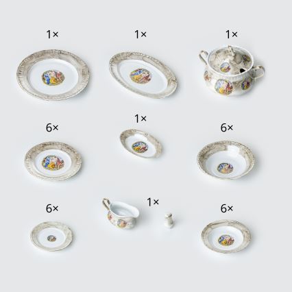 Juego de vajilla de porcelana de 26 piezas beige/blanco con acabado de mármol