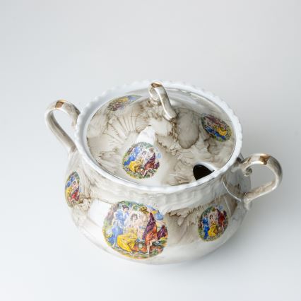 Juego de vajilla de porcelana de 26 piezas beige/blanco con acabado de mármol