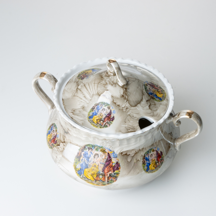 Juego de vajilla de porcelana de 26 piezas beige/blanco con acabado de mármol