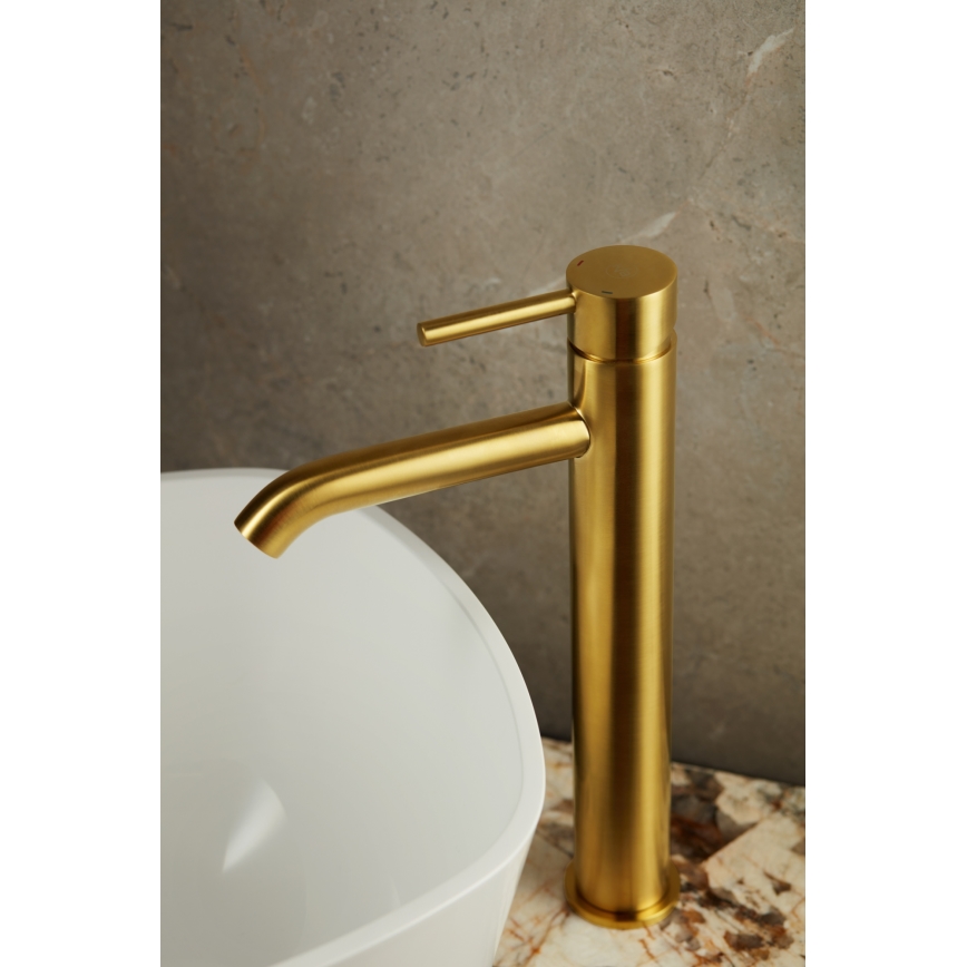 KFA Armatura 5032-612-31 - Grifo de lavabo + desagüe con rebosadero MOZA 33 cm cortado dorado