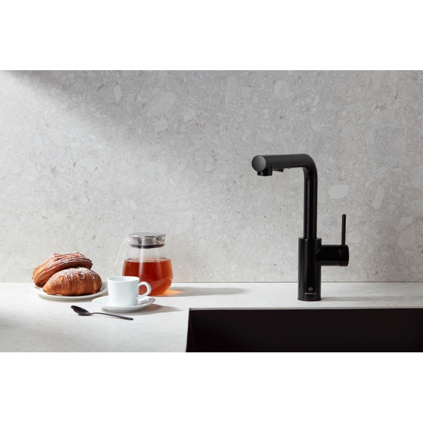 KFA Armatura 6623-110-81 - Grifo de fregadero con rociador extraíble DUERO BASIC acero inoxidable/mate negro
