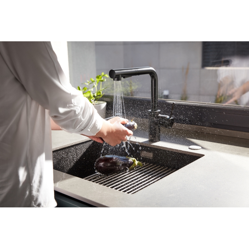KFA Armatura 6623-110-81 - Grifo de fregadero con rociador extraíble DUERO BASIC acero inoxidable/mate negro