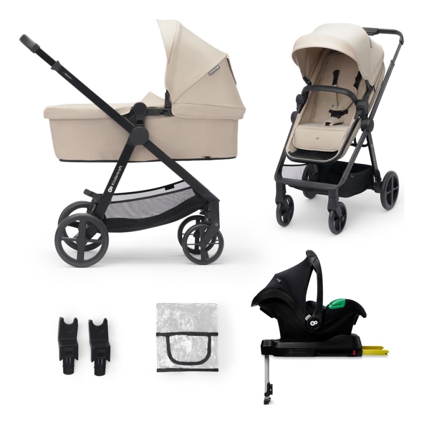 KINDERKRAFT - Cochecito combinado 4en1 NEWLY Clásico beige + silla de coche MINK PRO con base ISOFIX