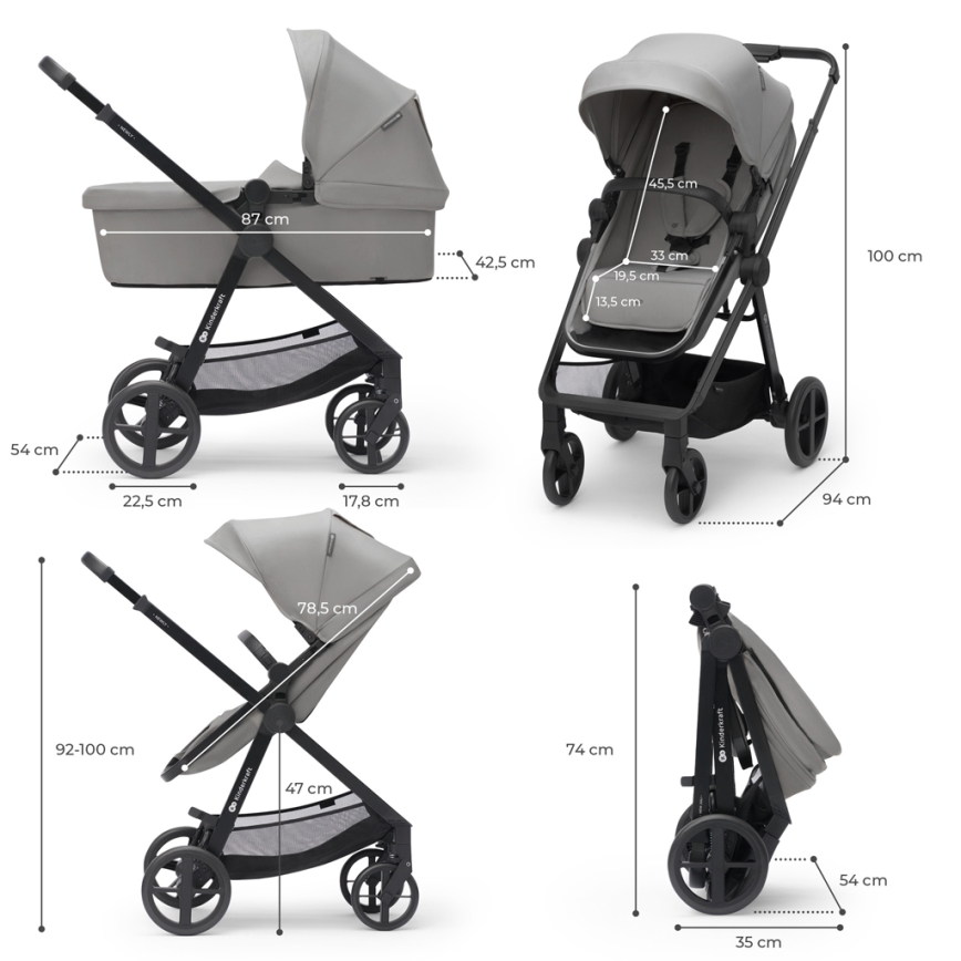 KINDERKRAFT - Cochecito combinado 4v1 NEWLY Clásico gris + silla de coche MINK PRO con base ISOFIX