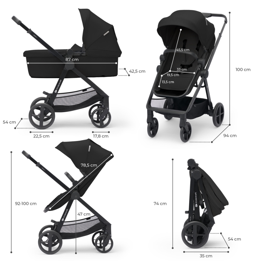 KINDERKRAFT - Cochecito combinado 4v1 NEWLY Clásico negro + silla de coche MINK PRO con base ISOFIX