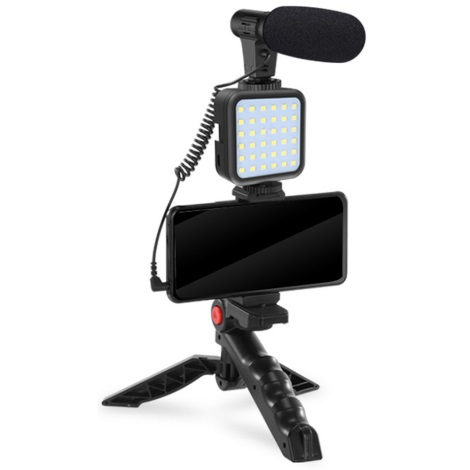 Kit de vlogging 4en1 - micrófono, lámpara LED, trípode, soporte para teléfono
