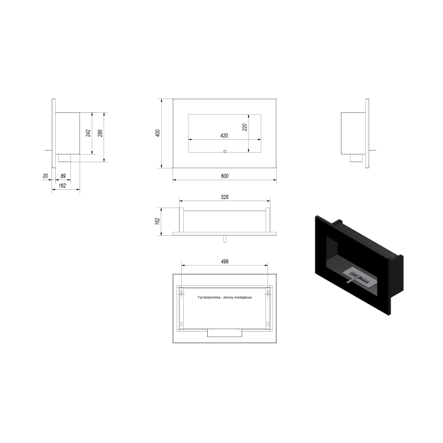 Kratki - Chimenea BIO empotrada DELTA 40x60 cm 2kW negro